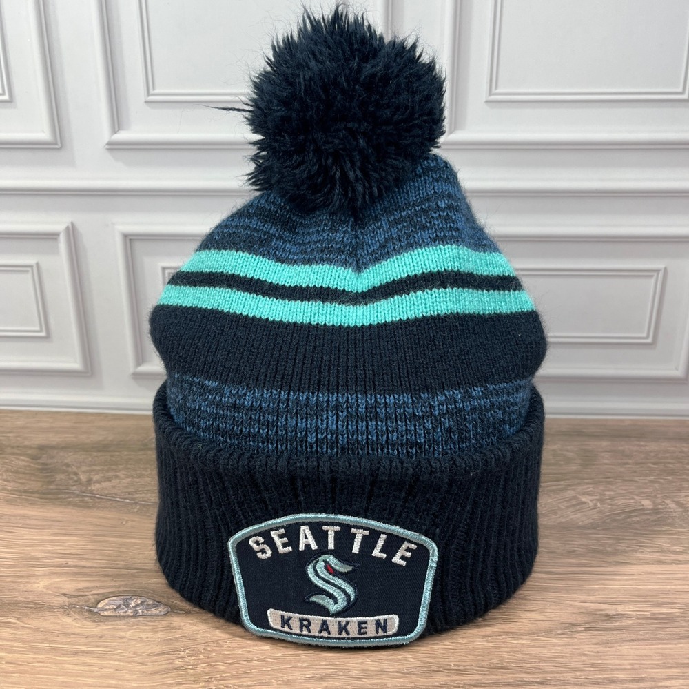 Seattle Kraken Beanie Fan Favorite OSFA Navy Teal Striped Cuffed Pom Hat NHL